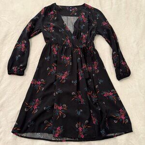 GAP Black Wrap Dress With Pink Floral Print Long Sleeve Size Small Church
